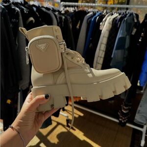 Prada Women's Beige Combat Boots with Pouch Size 38 / 8